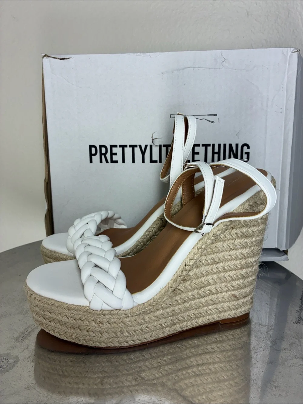 New PrettyLittleThing White Braided Espadrille Wedge Sandals, size 7